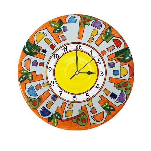 Orologio Tondo in Ceramica da Parete con Stampa Decoro Vietrese